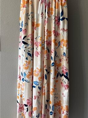 Cream Wide-Leg Palazzo Pants with Pink & Navy Floral Print